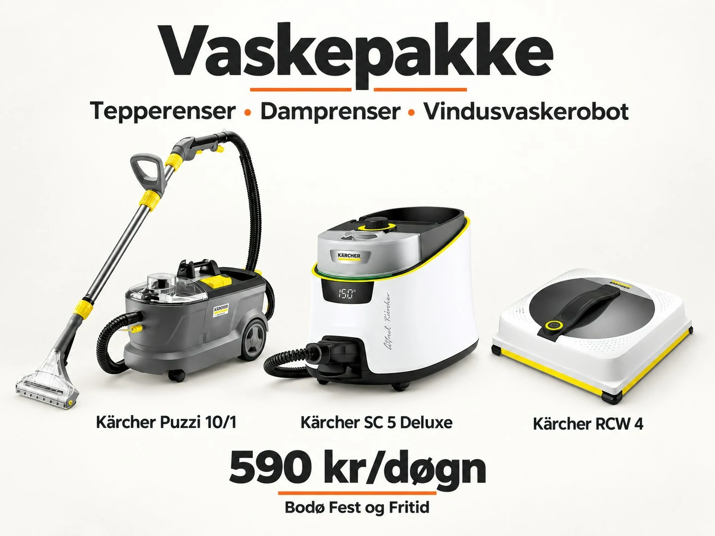 Vaskepakke til leie i Bodø – tepperenser, damprenser og vindusvaskerobot