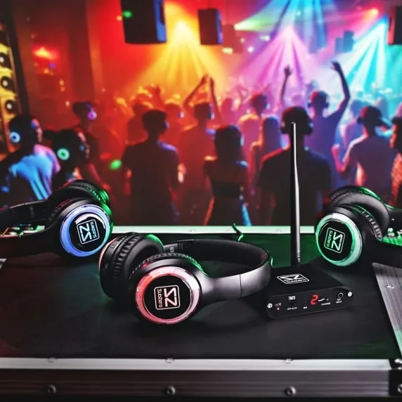 SubZero silent disco-hodetelefoner med lys og sender foran et fullt dansegulv